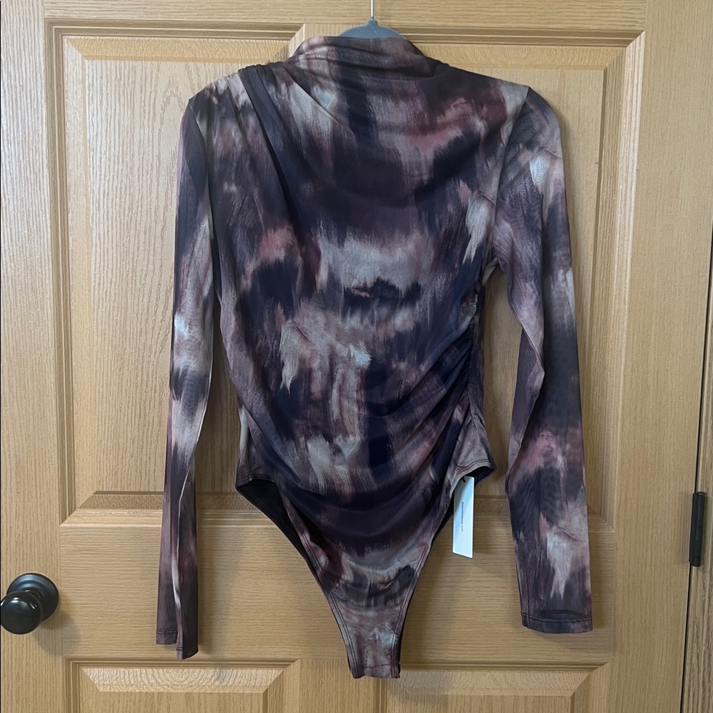 NWT Commense Brown Tie-Dye Mesh Lined Long Sleeve Body Suit